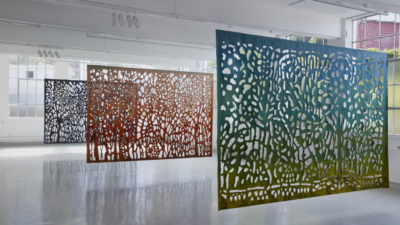 View the layered compositions of Norwegian textile artist Ingrid Aarset)